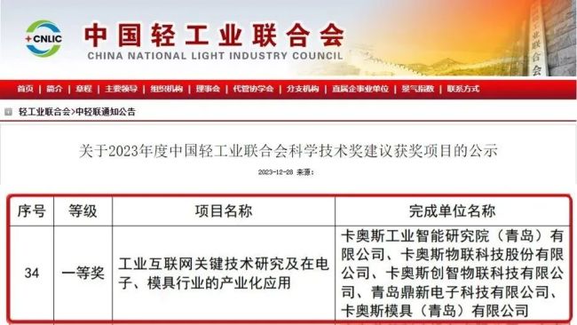 卡奥斯荣获2023中国轻工业最高科技奖系行业唯一